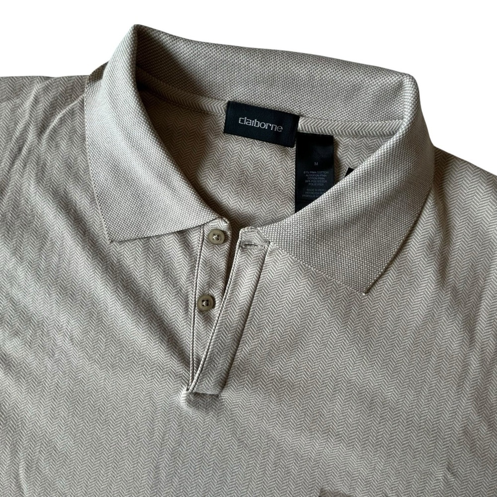 Claiborne Elite Pima Cotton Polo Shirt Mens Medium Beige Herringbone MERU2787